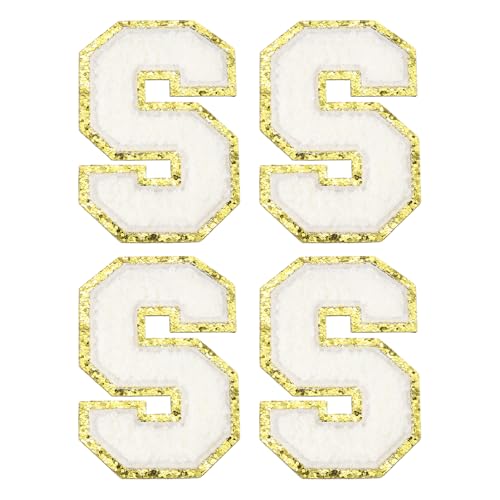 MECCANIXITY Chenille Letter Patches 3.1" Alphabet S Iron on Embroidered Patch Sew on Letter Stickers Applique for Repairing Clothing Jeans Shoes Hats DIY(White, Pack of 4) - style: Letter-S