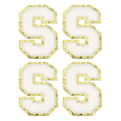 MECCANIXITY Chenille Letter Patches 3.1" Alphabet S Iron on Embroidered Patch Sew on Letter Stickers Applique for Repairing Clothing Jeans Shoes Hats DIY(White, Pack of 4) - style: Letter-S