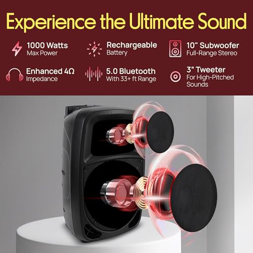 Pyle PSBT105A - 1000W Portable Bluetooth PA Speaker, 10'' Subwoofer, UHF Wireless Mic, MP3/USB/SD, Rechargeable Battery, LED Battery Indicator Lights, Black - size: 10 inch