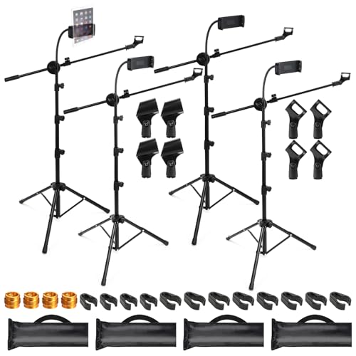 Relaxweex 4 Pcs Tripod Microphone Stand Boom Arm Floor Mic Stand Adjustable Height 24-64 inch with 4 Carrying Bag and 8 Mic Clips for Singing Stage Wedding Karaoke Church(Universal Style)