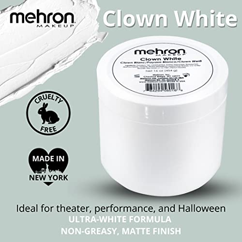 Mehron Makeup Clown White - 16 oz, Full Coverage Cream Face & Body Paint | Ultra White, Highly Pigmented, Long-Wear Makeup for Cosplay, Clowning, Halloween, & Theater. Cruelty Free & Made in the USA. - size: 16 Ounce (Pack of 1)