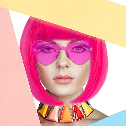 LIULIUBTY Short Bob Hair Wigs Straight with Flat Bangs Synthetic Colorful Cosplay Daily Party Neon Wig for Women + Free Wig Cap 14" Natural As Real - color: Pink