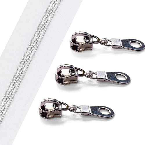 The Yards 10 Yards Bulk White Nylon Coil Zipper with Silver Teeth - Replacement Sewing Zipper with 10PCS Sliders for DIY Craft Bags - color: Silver-White