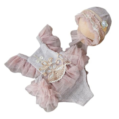 Zeroest Baby Girls Photography Lace Outfits & Props | Newborn Girl Photo Shoot Set with Romper, Headbands, Infant Photoshoot Prop - color: Wheat