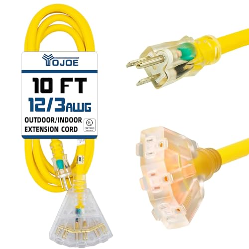 YOJOE 3-Outlets Indoor Outdoor Extension Cord with Lighted End, 3 Prong 15A Weatherproof Power Cord, 12 Gauge Heavy Duty 10 ft Yellow Extension Cord Multiple Outlets, 12/3 SJTW UL Certified - color: Yellow, size: 10 Foot