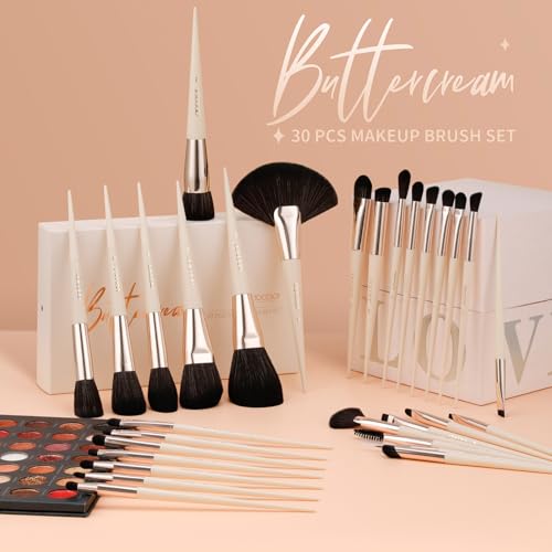 DUcare 30Pcs Professional Makeup Brushes Set, Large Foundation Powder Contour Concealer eyeshadow Blush EyeLiner Make up Brushes,Premium Synthetic hair,Vegan Cruelty-free - color: beige