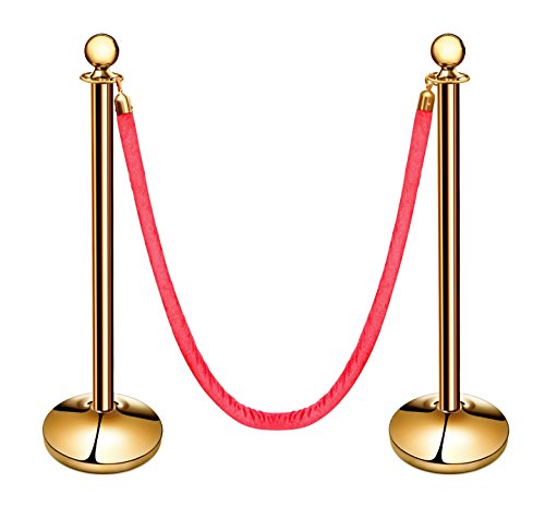 New Star Foodservice 535634 Round Top Brass Plated Stanchions, Set of 2 Posts with 1 of 79.5-Inch Red Velvet Rope