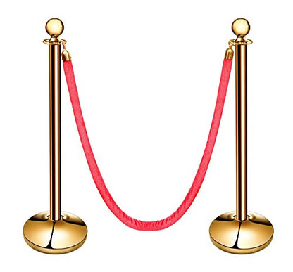 New Star Foodservice 535634 Round Top Brass Plated Stanchions, Set of 2 Posts with 1 of 79.5-Inch Red Velvet Rope