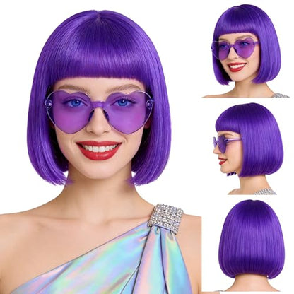 Short Bob Straight Hair Wigs with Bangs, Heat Resistant Fiber Hair, Heart-shaped Glasses for Women (Purple) - color: Purple
