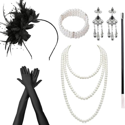 1920s Accessories for Women, Feather Headband Fashion Roaring 20's Theme Set, Pearl Necklace Jewelry Cigarette Rod Black