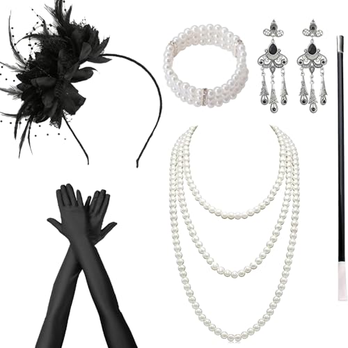 1920s Accessories for Women, Feather Headband Fashion Roaring 20's Theme Set, Pearl Necklace Jewelry Cigarette Rod Black