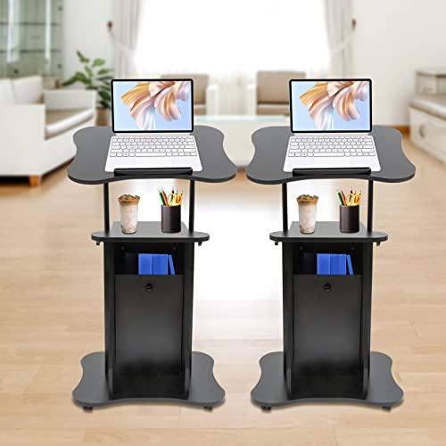 2PCS Mobile Laptop Podium Height Adjustable Sit to Stand Desk with Tilting Desktop & Storage Cabinet Ergonomic Rolling Lectern Cart Laptop Desk Office Podium Stand on Wheels Black
