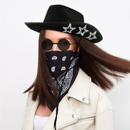 GIFIKOI Cowgirl Outfits Star Cowboy Hat Sparkly Boots Earrings Bandana Sunglasses for Women Western Costume Accessories - color: Black