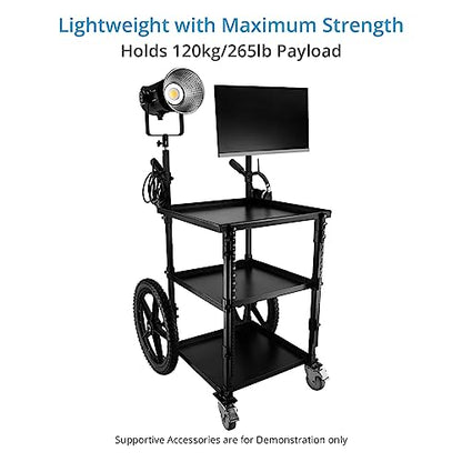 PROAIM Soundchief OG Sound Cart, 14U Rack Mount, 120kg/265lb, Collapsible | Aluminum build with 3 trays; adjustable middle shelf; 20 inch pneumatic rear wheels; 3 inch swivel front wheels; cable hooks
