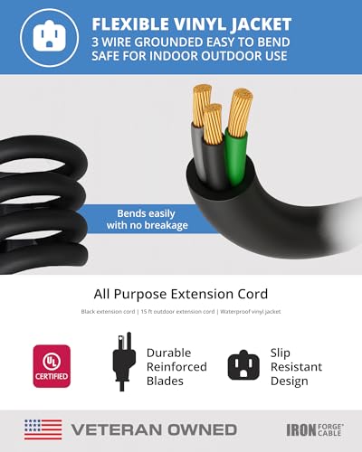 Iron Forge Cable 16 Gauge Heavy Duty Black Extension Cord, 15 Ft - SJTW | 16/3 SJTW Cable, 2 Pack, 3 Prong Grounded Plug, 13 Amp - For Landscaping, Leaf Blowers, Lights, Appliances - size: 15FT-2pk