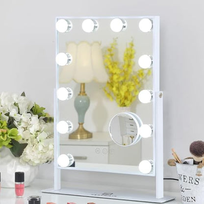 FENCHILIN Vanity Mirror with Lights, 19''x12'' Makeup Hollywood Mirror for Desk with 12 Bulbs Light Smart Touch Control 3 Colors Dimmable Detachable 10X Magnification Tabletop 360°Rotation