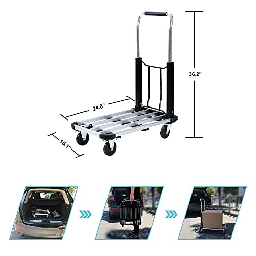 LEADALLWAY Foldable Push Cart Aluminum Alloy Platform Cart with 4-Wheel,Adjustable Length,330-LB Capacity(with 2 Ropes) | 4-Wheel,Adjustable Length,330-LB Capacity with 2 Ropes