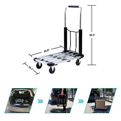 LEADALLWAY Foldable Push Cart Aluminum Alloy Platform Cart with 4-Wheel,Adjustable Length,330-LB Capacity(with 2 Ropes) | 4-Wheel,Adjustable Length,330-LB Capacity with 2 Ropes