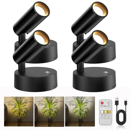 Spotlights Indoor with Remote & Touch, 5500mAh Rechargeable Battery Picture Lights with Timer, 10 Levels Brightness Dimmable Uplights Indoor for Tree Painting Cabinet Wall Gallery (4 Pack) - color: 4 x Black