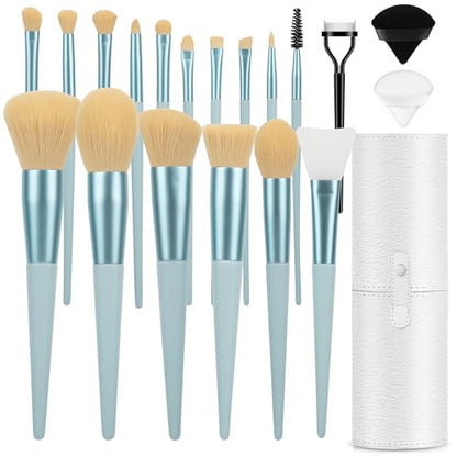 Makeup Brushes 20PCs Makeup Brush Set with Foundation Eyebrow Blending Concealer Blush Eyeshadow Contour Lash Powder Brush, Travel Make Up Brush Kit with Case & 2 Powder Puff - Baby Blue - color: Baby Blue