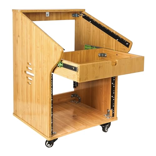 Sound Town DIY Solid Carbonized Bamboo Recording Studio Rack with 11U Slant Mixer Top, 8U Front, 2U Drawer, Rubber Feet, Casters, for Recording Room, PA/DJ Equipment, Home-Audio (STBR-M11X8) - size: 8U w/ Mixer Top, 2U Drawer