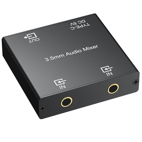 CAMWAY 3.5mm Audio Mixer 2-Channel,Clear Sound,No Echo,Dual-Device Mixing Output,Gold-Plated Connectors, Active Mixer Used with PC,Game Consoles,Phone,MP3 for Streaming,DJ,Home Recording,Desktop Audio - size: 2.2x2.2x0.6 in