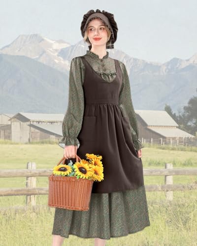 NSPSTT Prairie Dress Women Pioneer Dress Colonial Costume - color: Green Dress+brown Apron, size: Large