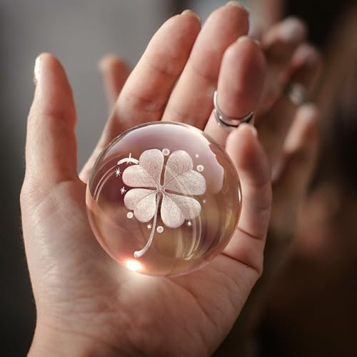 Flexzion 3D Clover Crystal Ball Night Light - LED Light Hologram Glass Lamp with Solid Wood Base, USB Powered Crystal Ball Lamp with Adjustable Brightness for Home Decor Display Gift, 2.4inch(60mm) | Clover Lamp with Solid Beech Wood Base and Adjustable B