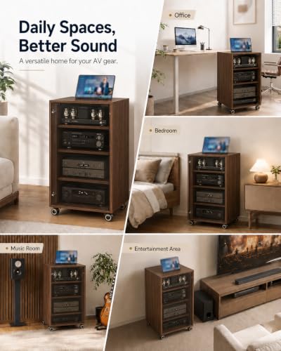 4-Tier Walnut Media Cabinet with Glass Door & Adjustable Shelves | 198 lb Capacity, Clear Tempered Glass with Metal Frame, Ventilated Design, Cable Management, and Locking Caster Wheels - color: Walnut, size: 4-tier