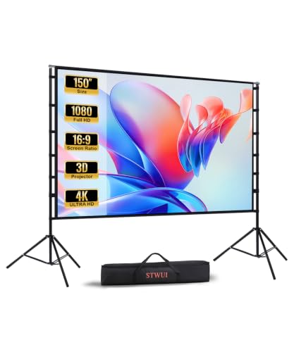 150 Inch Projector Screen with Stand, 16:9 4K HD Portable Projector Screen Indoor Outdoor Projection Screens Outdoor Movie Screens with Carry Bag,Enjoy Home Theater