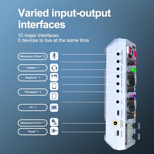 F999 White Live Streaming Sound Card, Professional Audio Mixer, Voice Changer Soundboard with Audio Interface, Bluetooth, Noise Reduction, DJ Mixer Board for Live/Podcasting/Gaming - color: White