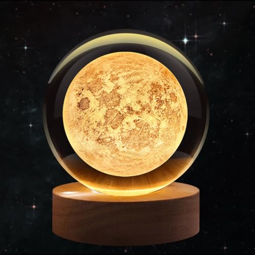 Flexzion 3D Moon Crystal Ball Lamp, 3.15 inch (80mm), USB Night Light | Moon Lamp with Solid Beech Wood Base and Adjustable Brightness for Bedrooms, Nightstands, Desks, Shelves and Room Decor - size: 3.15 inch (80mm), style: Moon