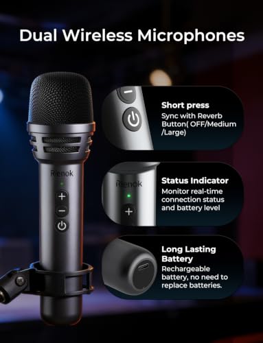 RIENOK 100W Portable Voice Amplifier with 2 Wireless Microphones S17 | Bluetooth 5.3 Big Pro Sound, Bluetooth PA System Karaoke Machine, BT/USB/TF Card/Aux/Guitar Support, Portable Speaker
