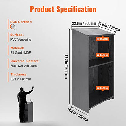 VEVOR Podium Stand, 47-inch Mobile Lectern with 4 Casters, Wooden Presentation Stand with Shelves, Angled Top, for Church, Office, School, Home Use, Black - color: Black