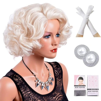 12" Short Big Curly Wavy Wigs for Women Cosplay Layered Platinum Blonde Wig | Halloween Costume Set with Platinum Blonde Wig+Stud Earrings+White Gloves Accessories Coser Party Prom Synthetic Hair - color: Platinum Blond+Set