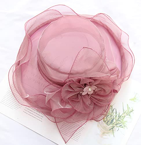 Women Derby Fascinator Hat Organza Church Wedding Hats Wide Brim Cocktail Tea Party Hat - color: 07 Pink