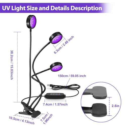 inShareplus 395nm~405nm Dimmable UV Gooseneck Light with USB,15W UV Black Curing Lamp, Clamp Lights with Clip for UV Glue Resin Curing, Gel Nail, Resin Art, Aquarium - color: Round, size: Three head