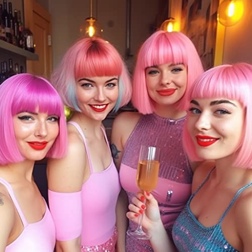 LIULIUBTY Short Bob Hair Wigs Straight with Flat Bangs Synthetic Colorful Cosplay Daily Party Neon Wig for Women + Free Wig Cap 12" Natural As Real (Cute Pink) - color: Cute Pink