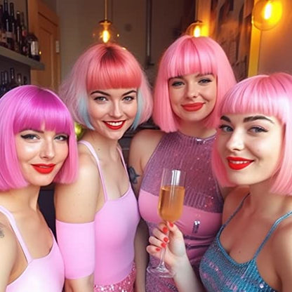 LIULIUBTY Short Bob Hair Wigs Straight with Flat Bangs Synthetic Colorful Cosplay Daily Party Neon Wig for Women + Free Wig Cap 12" Natural As Real (Cute Pink) - color: Cute Pink