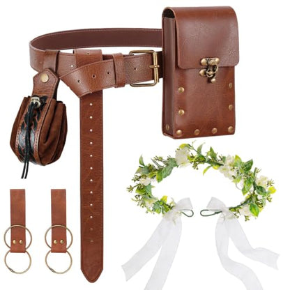 Renaissance Belt Pouch Set with Wreath - Renaissance Accessories with Pirate Belt Pouch for Halloween Cosplay & LARP - color: Brown-a