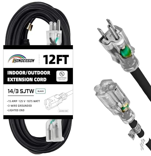 12 Ft Black Outdoor Extension Cord Lighted End Weatherproof 14 Gauge | UL Certified 14/3 SJTW Cable, 15A Rated, Designed for Garden Equipment, Appliances and Outdoor Power - size: 12FT, style: 14/3