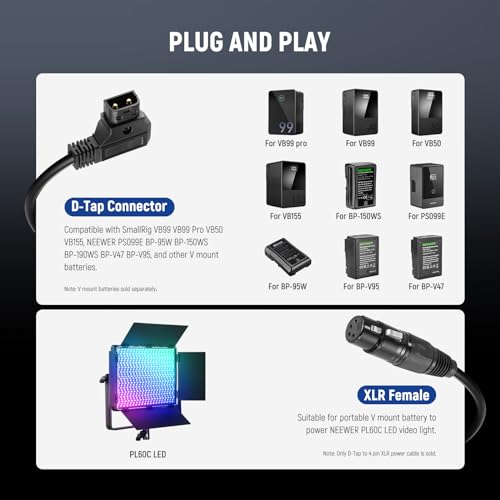 NEEWER 6ft/1.8m D-Tap Male to 4 Pin XLR Female Power Cable PL60C Continuous LED Video Light, NC011 - style: NC011