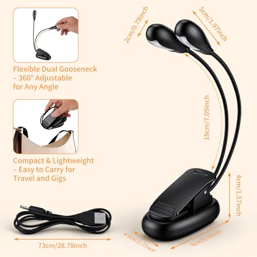 VZZNN 20 Pack Music Stand Light,Clip on LED Book Light for Piano Guitar Sheet Music,USB & AAA Battery Operated,4 Brightness Levels Dual Arm Reading Lamp for Musicians Orchestra Travel