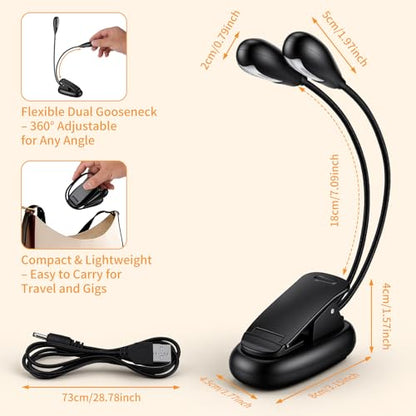 VZZNN 20 Pack Music Stand Light,Clip on LED Book Light for Piano Guitar Sheet Music,USB & AAA Battery Operated,4 Brightness Levels Dual Arm Reading Lamp for Musicians Orchestra Travel