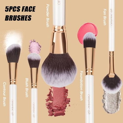 OMANIAC Makeup Brush Set Professional, 12 Pearlescent Wood Handle Makeup Brushes, Premium Cruelty-Free Synthetic Fiber Hair, Travel Make up Brushes Set with Case (White). - color: Rose Gold and White, size: 12pcs