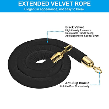 PATIKIL 5 Feet Black Velvet Stanchion Rope, Crowd Control Barrier Rope with Snap Hooks for Posts Stand Queue Divider of Hotel Theater, Golden - color: Black, size: 5 Feet