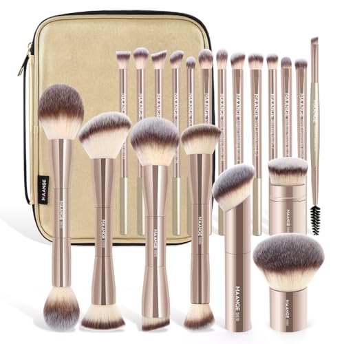 MAANGE 20 PCS Makeup Brush Set with Bag, Double-ended Kabuki Brush Foundation Contour Brush for Liquid Powder Concealer Eye Shadows Cream Cosmetics Blending Blush Face Makeup Tools with Case (Gold) - color: Gold