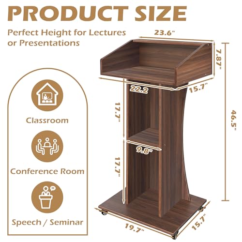 Podium Stand with Lockable Wheels,47"H Wooden Podium for Classroom, Mobile Pulpit Lectern with 3 Storage Shelves for Church, Office,Conference Room (Walnut) - color: Walnut