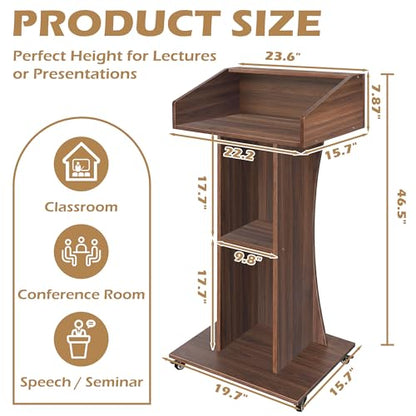 Podium Stand with Lockable Wheels,47"H Wooden Podium for Classroom, Mobile Pulpit Lectern with 3 Storage Shelves for Church, Office,Conference Room (Walnut) - color: Walnut