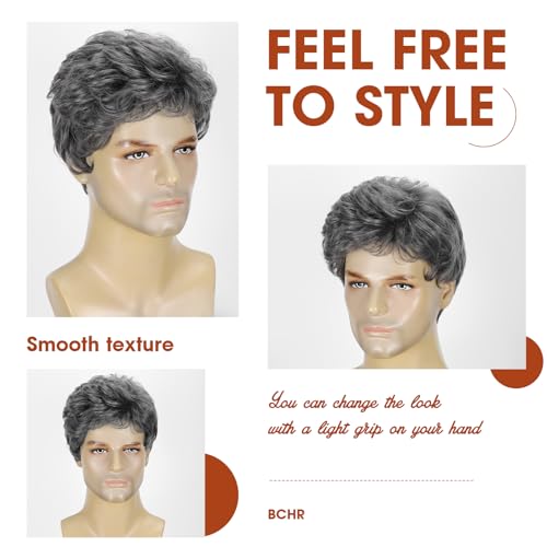 Mens Dark Grey Short Wig - Natural Looking Synthetic Hair Wig for Men Male,Heat Resistant,Layered Cut,Cosplay or Daily Wear Lightweight Male Wig - color: Dark Grey